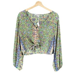 NWOT FLORENCIA Silk Blend Boho Tie Front Puff Sleeve Floral Cropped Button Top M